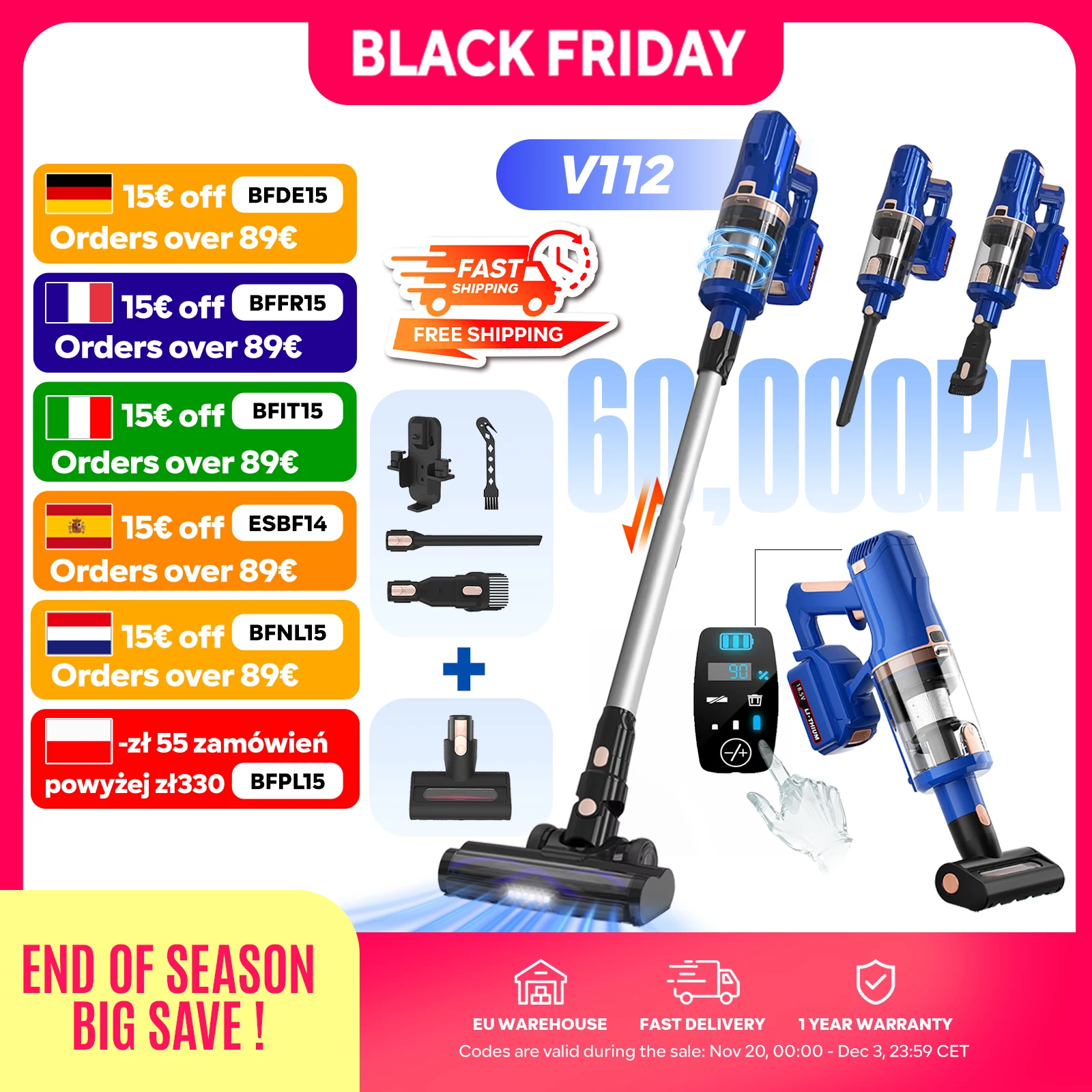 60KPa 300W Kabelloser Staubsauger 60Min mit Matratzenbürste - Leistungsstarker Akku-Staubsauger, linearer Zyklon, Touchscreen, abnehmbarer Akku für Teppiche, Hartboden und Bett-Matratze Image