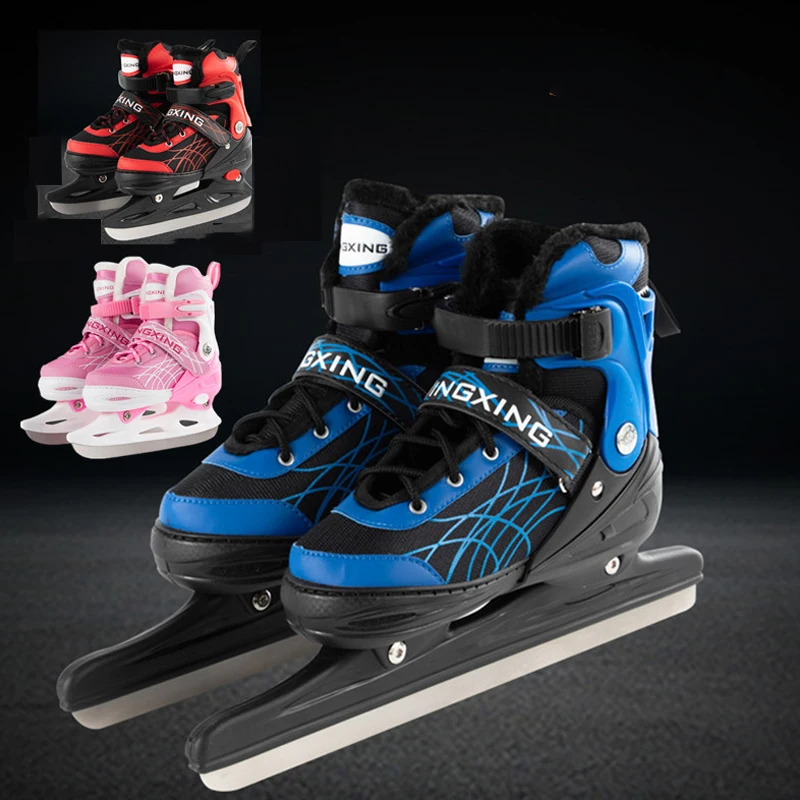 Einstellbare Größe Eisschlittschuhe Thermo dehnbare Eisschlittschuhe Ski Hockey Skates Schuhe verdicken mit Eisklinge für Kinder Erwachsene