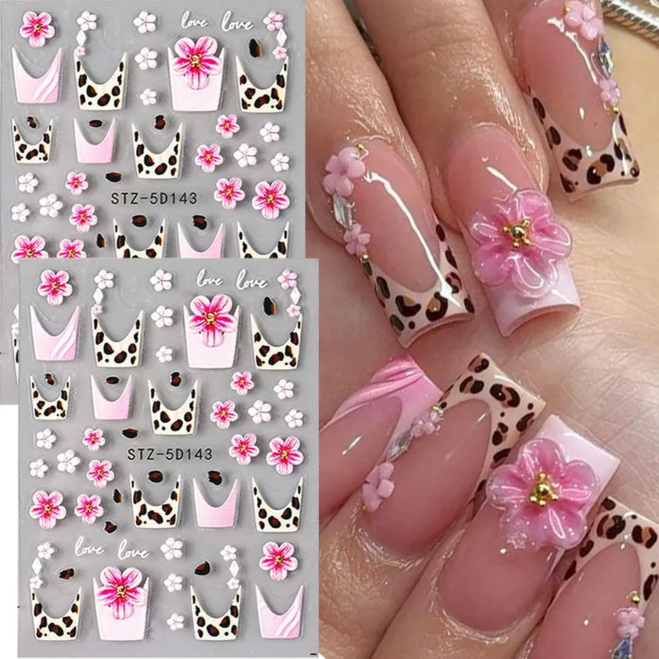 2 Stück 5D rosa Blume Französisch Leopardenmuster Nail Art Aufkleber braune Blume & rosa Blumen Design Nagelschieber DIY Maniküre Dekoration Image