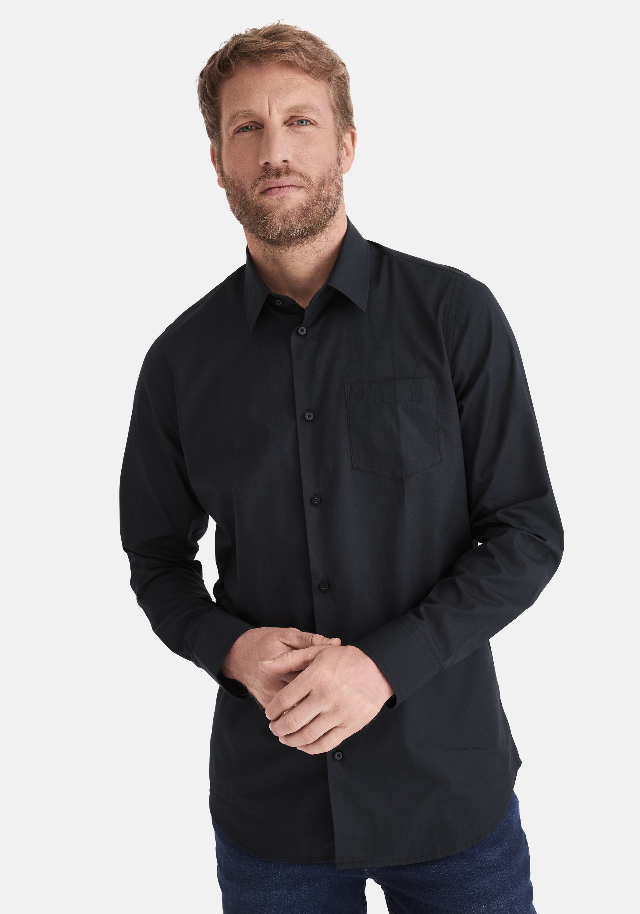 Langarmhemd STOOKER MEN "HUGH Hemd Langarm Regular Fit", Herren, Gr. L, US-Größen, schwarz, Web, 60% Baumwolle, 40% Polyester, regular fit, Hemden, Langarm Hemd Regular Fit für Herren