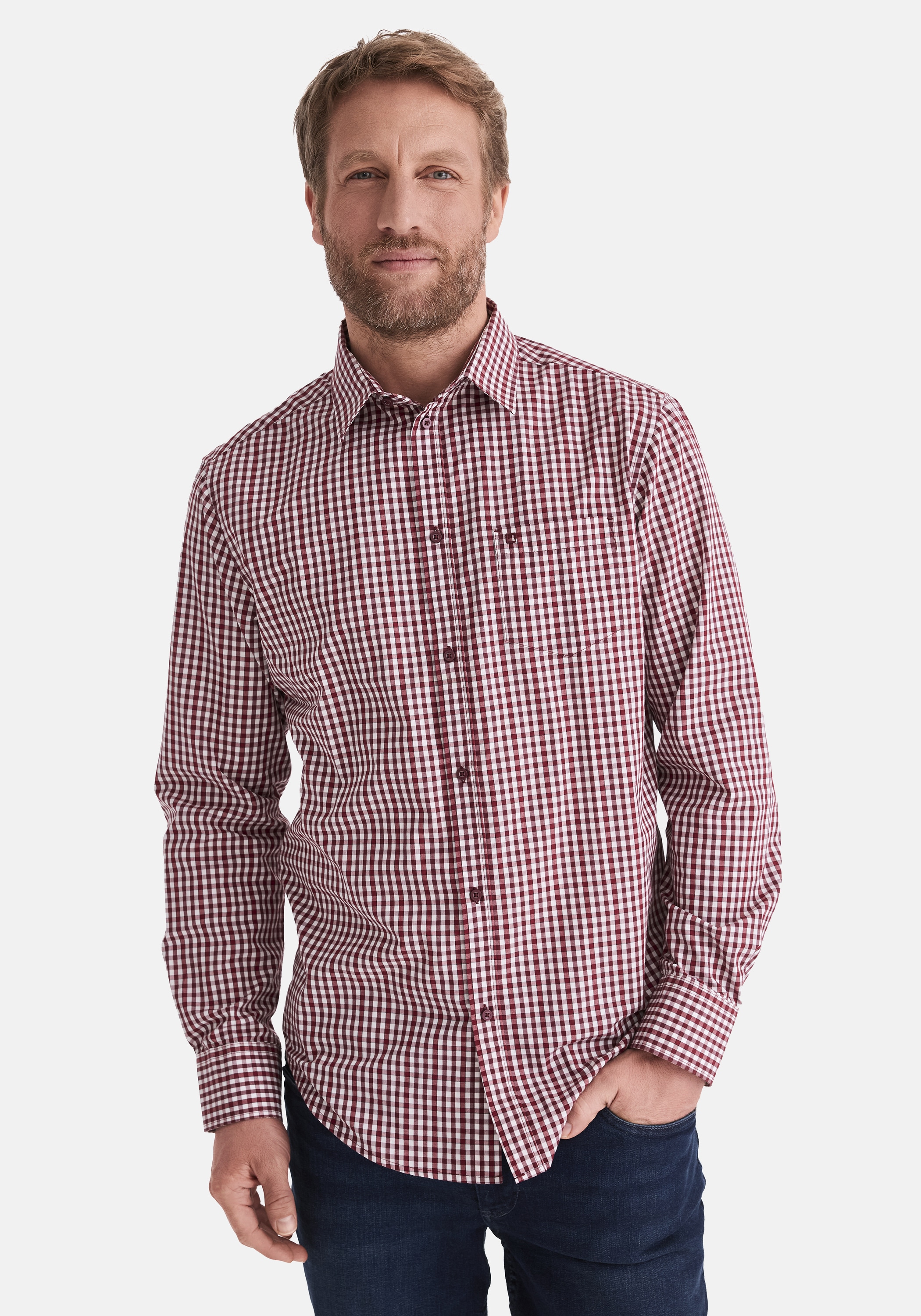 Langarmhemd STOOKER MEN "HUGH Hemd Langarm Regular Fit", Herren, Gr. L, US-Größen, bordeaux check, Web, 60% Baumwolle, 40% Polyester, regular fit, Hemden, Langarm Hemd Regular Fit für Herren