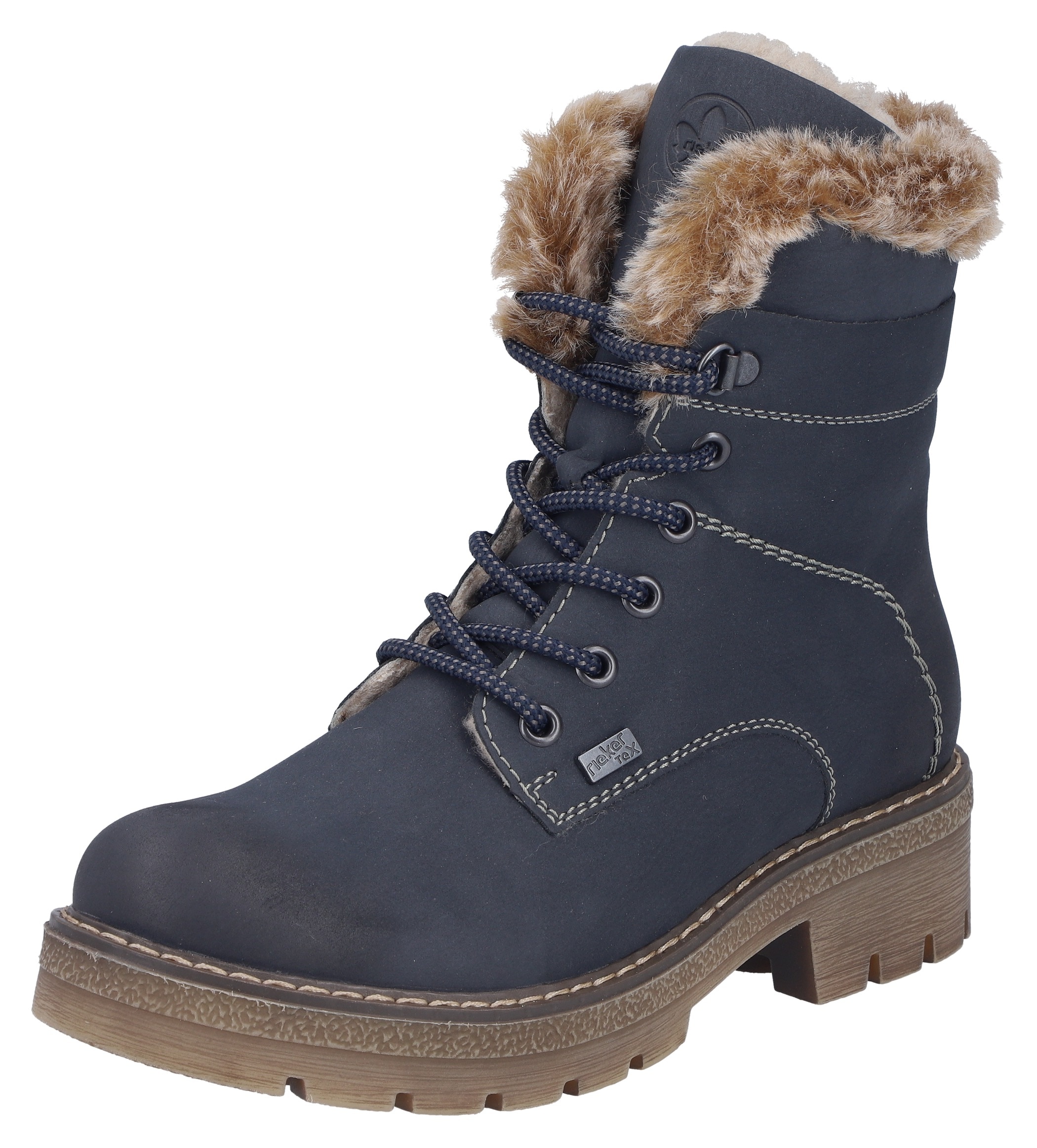 Winterstiefelette RIEKER, Damen, Gr. 38, dunkelblau, beige, Nubuklederimitat, Textil, Schuhe Winterstiefelette, Schnürboots, Winterboots mit wasserabweisender riekerTEX-Membran