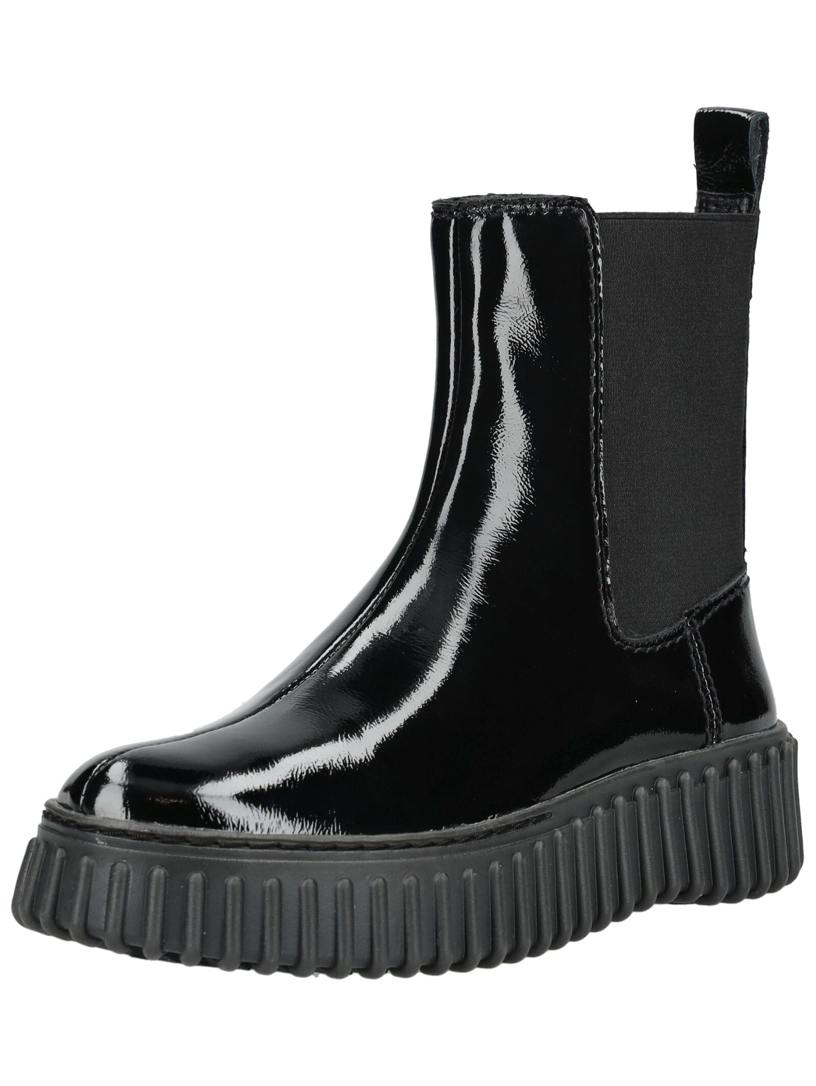 Plateaustiefelette CLARKS "Clarks Stiefelette Leder/Textil", Damen, Gr. 40, schwarz lack, Leder, Textil, Schuhe