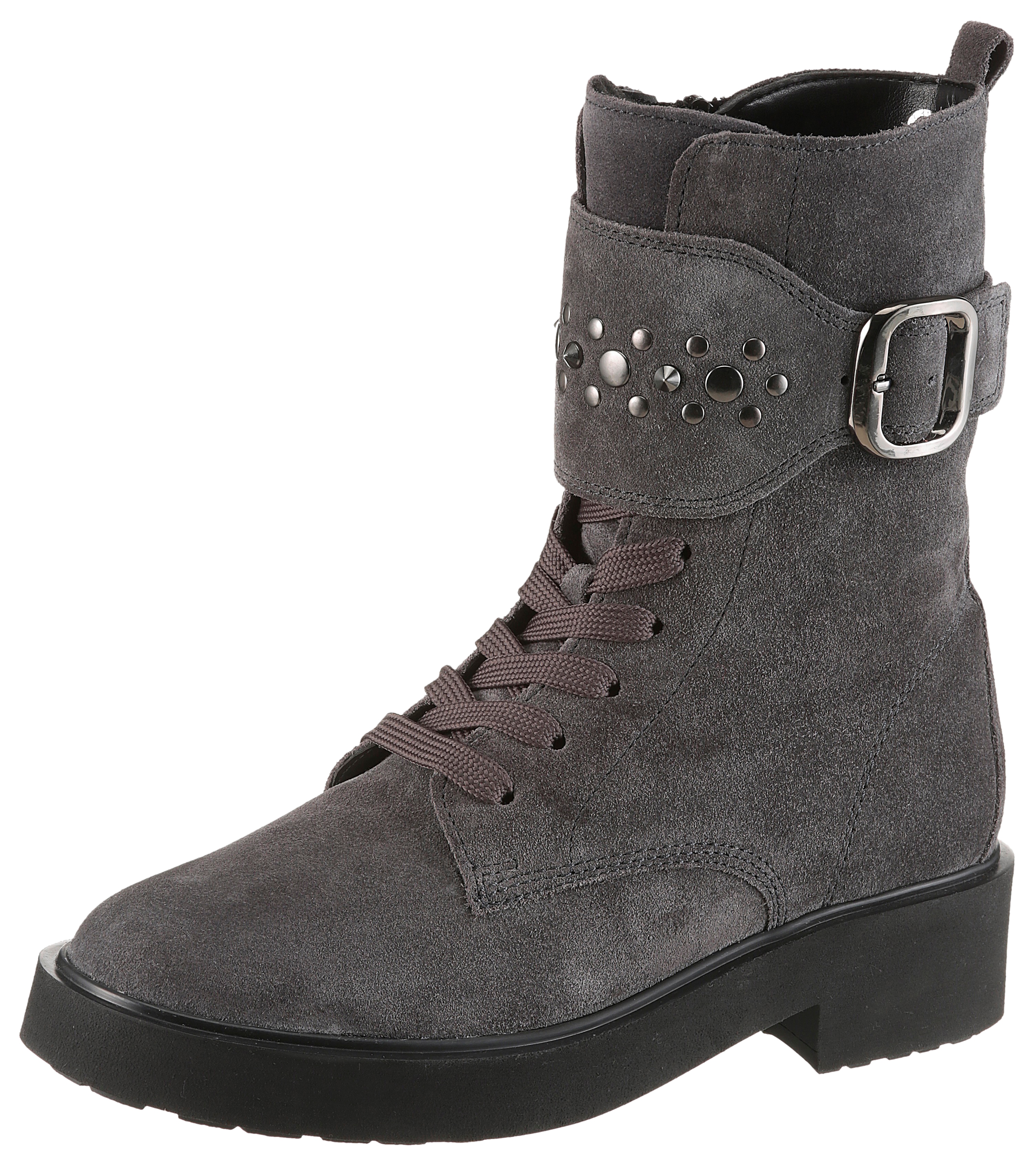 Winterstiefelette GABOR, Damen, Gr. 38, dunkelgrau, Veloursleder, unifarben, Schuhe Winterstiefelette, Blockabsatz, Schnürboots, Schnürstiefelette mit Nieten