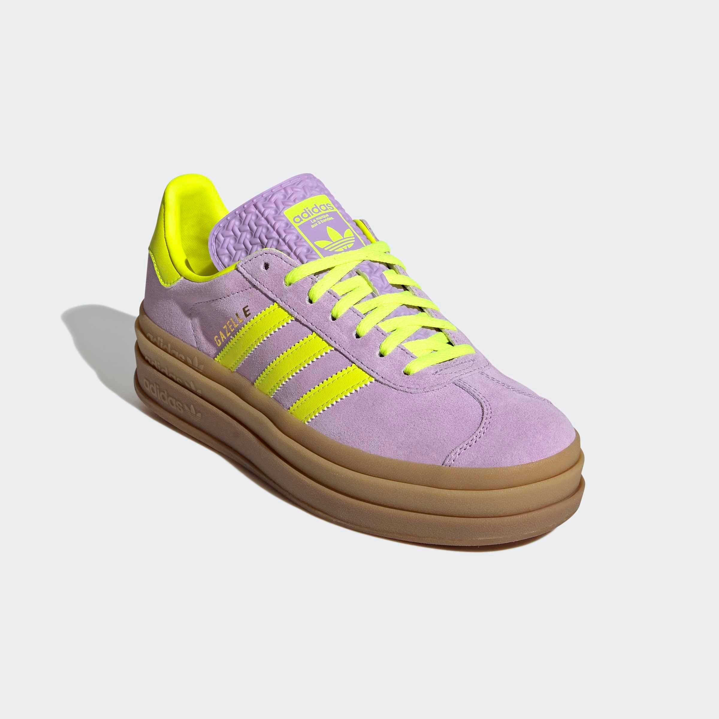 Sneaker ADIDAS ORIGINALS "GAZELLE BOLD", Damen, Gr. 38, powder plum, solar gelb, gold metallic, Leder, Synthetik, Schuhe Sneaker