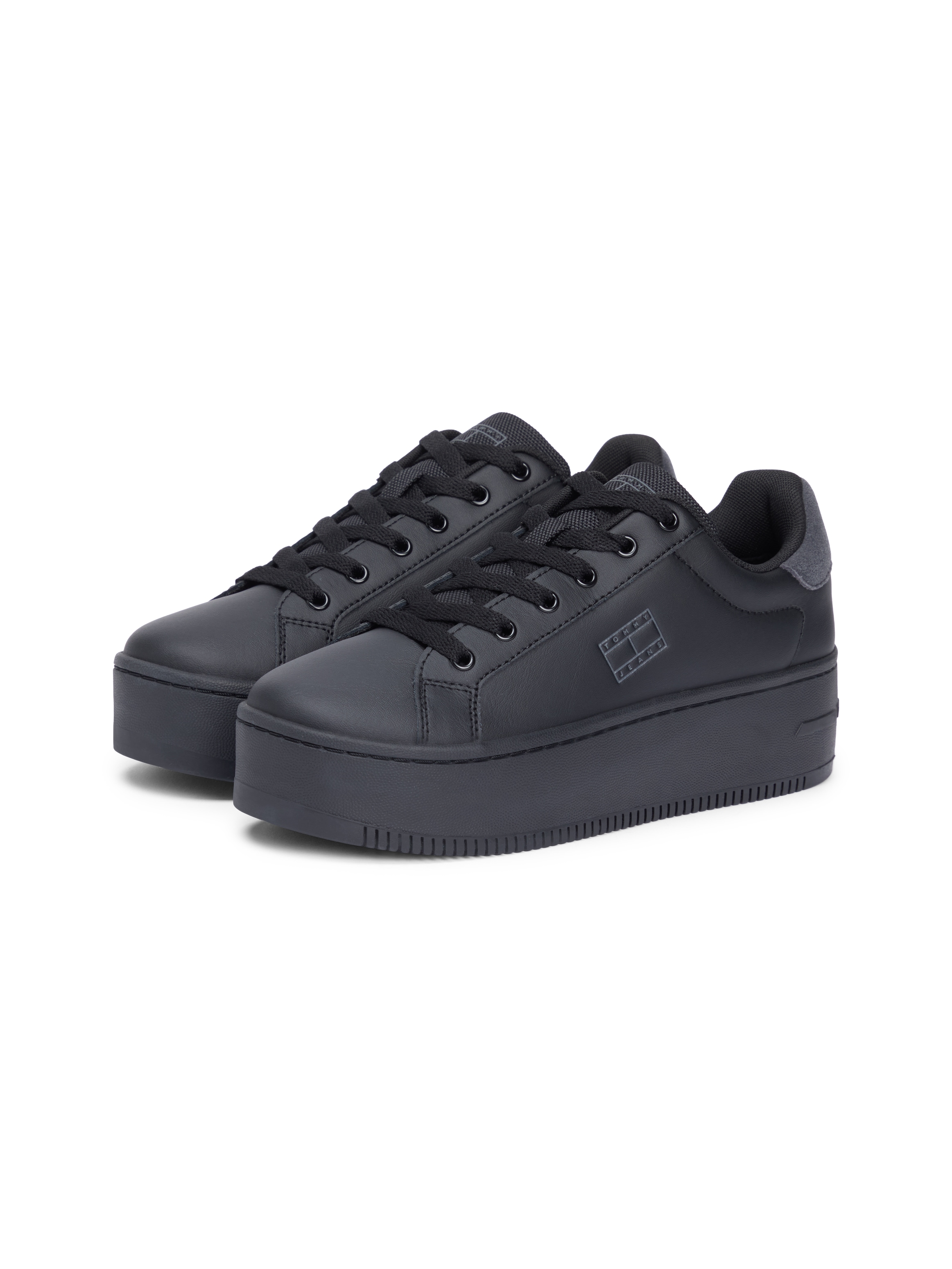 Plateausneaker TOMMY JEANS "TJW FLATFORM ESS MU", Damen, Gr. 35, schwarz, Leder, Schuhe Plateausneaker