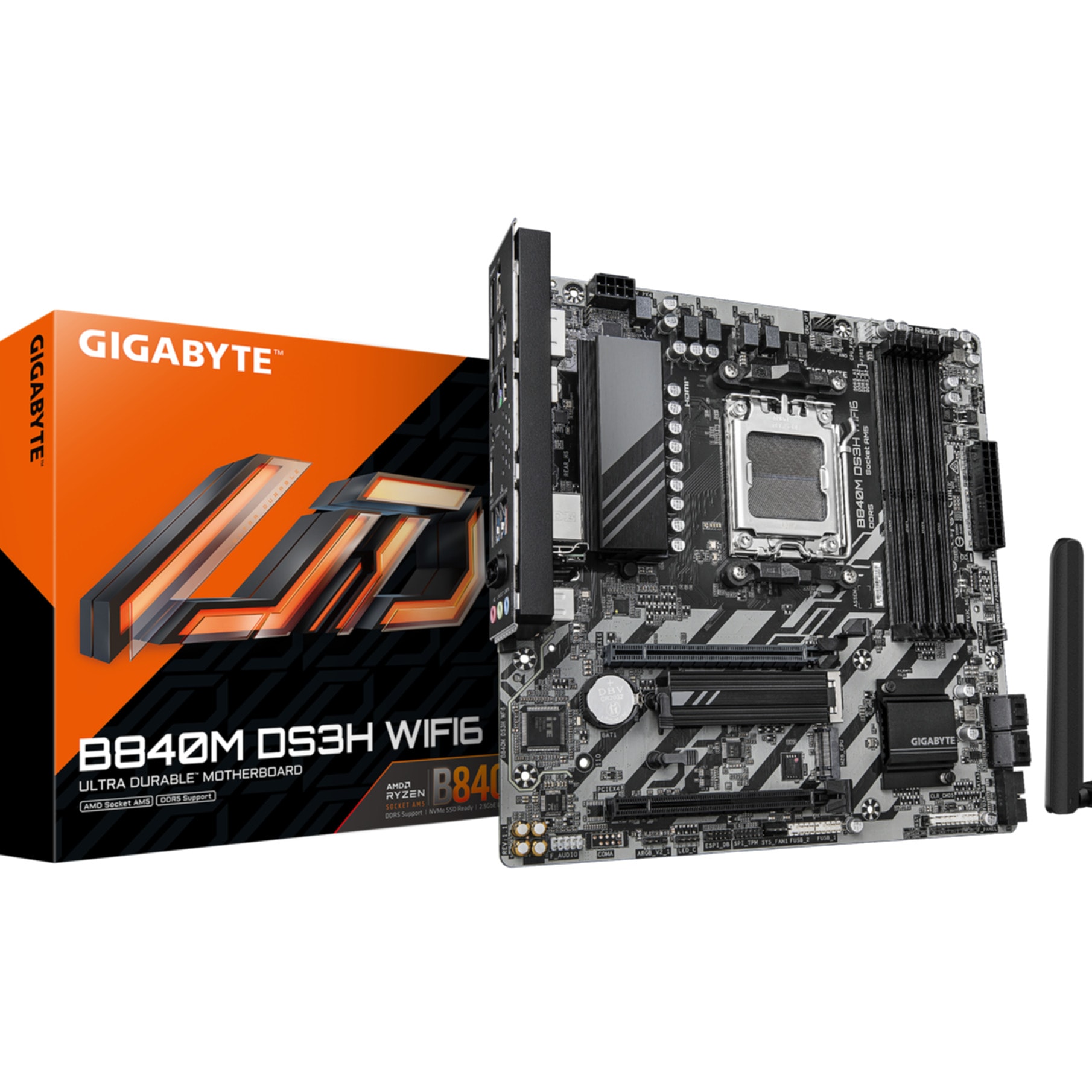 GIGABYTE Mainboard "B840M DS3H WIFI6 Mainboard – AMD Ryzen 9000 Prozessoren, 8+2+2 Phasen", ohne farbbezeichnung, B:27,1cm H:7,1cm T:27,4cm, Mainboards
