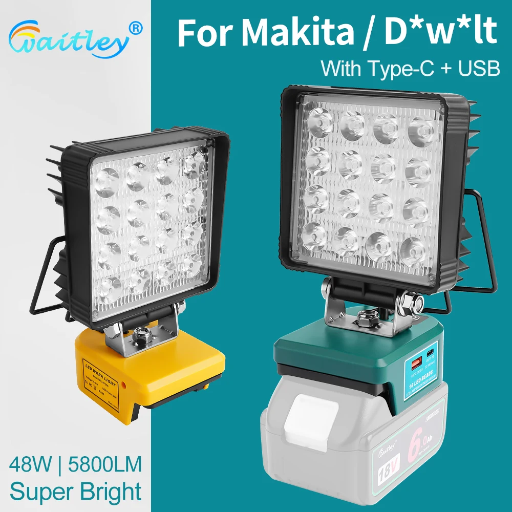 Waitley LED-Arbeitsleuchte für Makita 18 V Akku, tragbar, für den Außenbereich, Flutlicht, Campinglampe BL1860, externer Stecker und D*B*lt 20 V Pin