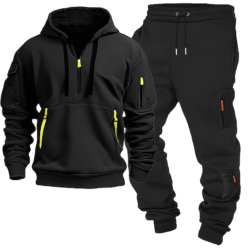 Herren Passende Sets Schwarz Kapuzensweatshirt Hoodies mit Reißverschluss Jogginghose Jogginghose Jogger Hose Sets Langarm Mit Kapuze Outdoor Urlaub Einfach 2 teilig Polyester Frühling Image