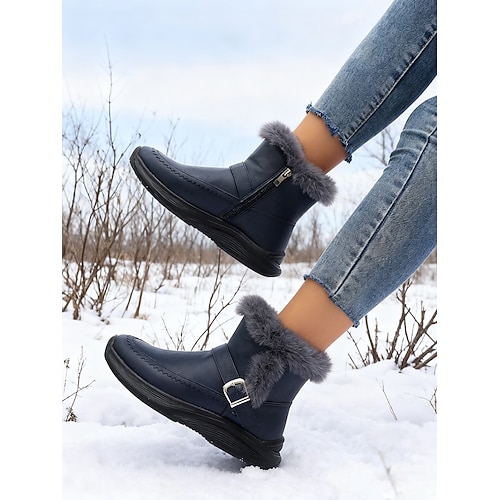 Braune Damen-Ankle-Boots mit Kunstpelzbesatz und Schnallenriemen – warme, kurze Winterstiefeletten mit seitlichem Reißverschluss für den Alltag und zum Pendeln Image