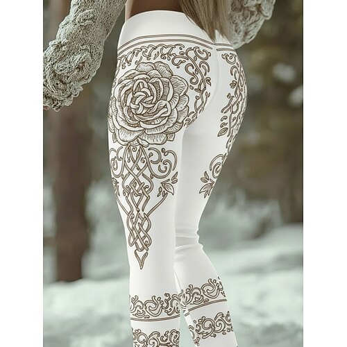 Damen Leggings Gemütliche Leggings Urlaub Vintage Ethno-Stil Volle Länge Hohe Taille Grafik Baum Drucken Bequem Dehnbar Lässig Täglich Urlaub Braun / Weiß Weiß Braun Grün Frühling Herbst Schmale Image