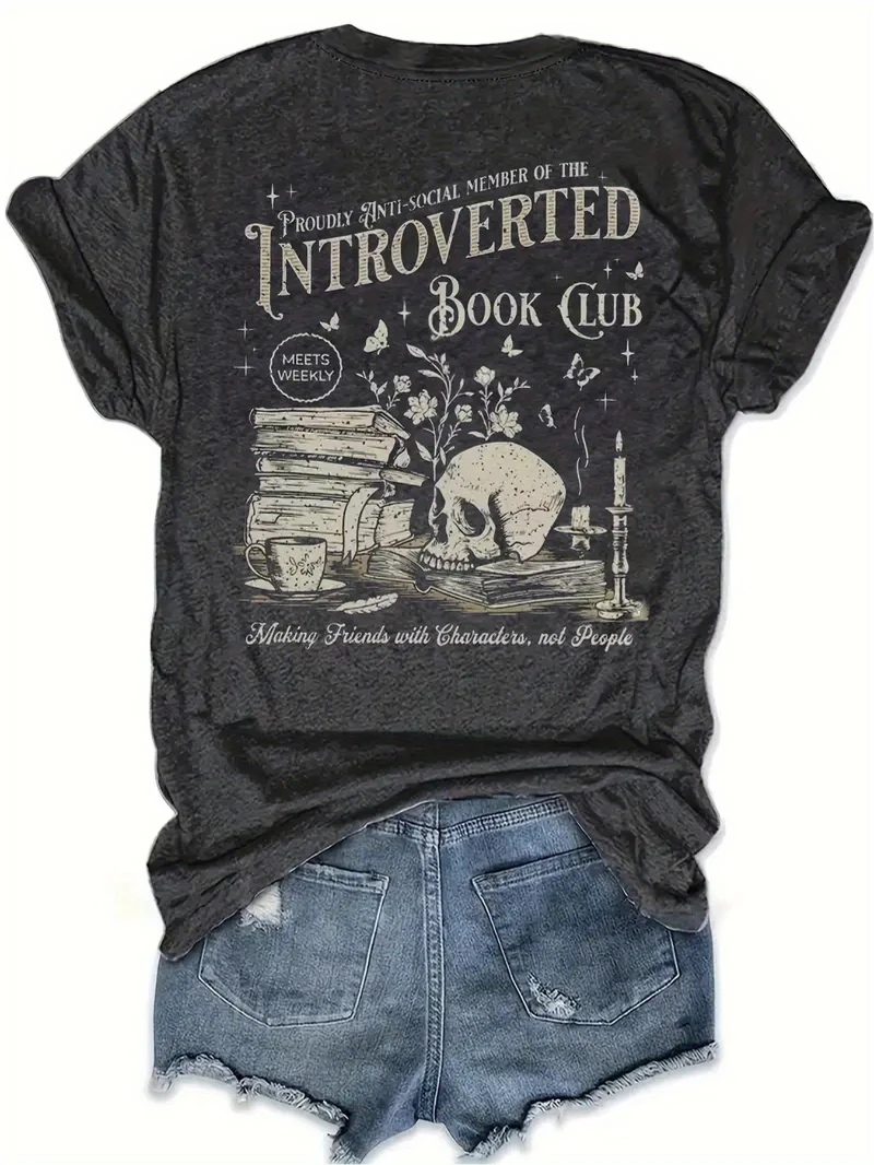 Schwarzes Damen-T-Shirt mit Musterdruck – „Introverted But Dangerous“, Book Club-Design, weiches, kurzärmliges Freizeitoberteil mit Rundhalsausschnitt Image