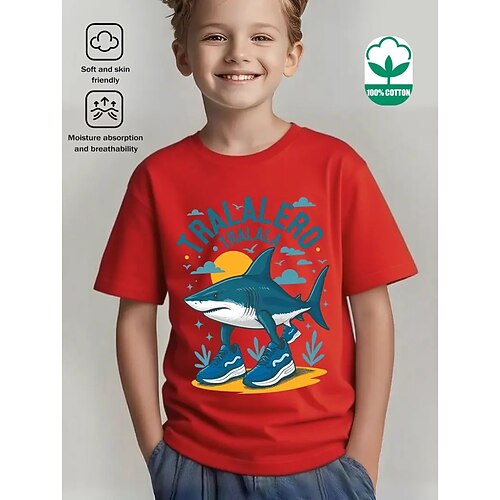 Lustiges italienisches Hirnfäule-T-Shirt für Jungen aus Baumwolle, Kurzarm, mit Cartoon-Prints von „niedlichen kleinen Hirnfäule-Hai-Schuhen". Image