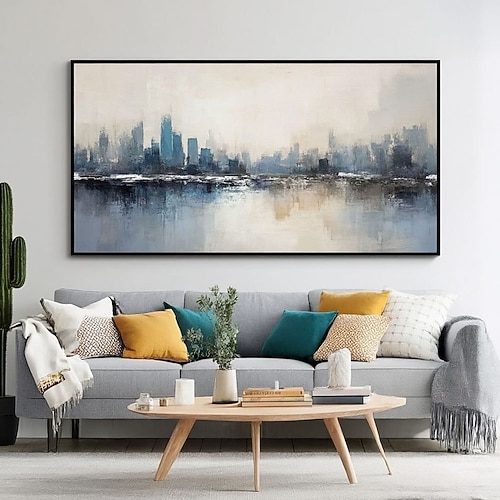 Handgemaltes Original-Ölgemälde einer Stadtlandschaft auf Leinwand, großformatig mit Spachteltechnik gemalt, abstraktes urbanes Wandbild, Stadtspiegelungen, Kunst, Weihnachtsgeschenk Image