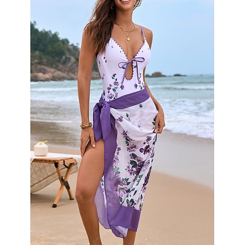 Woman's Einteiliger Badeanzug Sexy Cutout mit Rock Monokini Bauchkontrolle Hohe Taille Slim Rückenfrei Urlaub Strandbekleidung Blumen V-Ausschnitt Ärmlos Badeanzüge Image