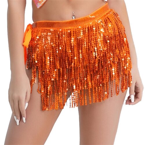 Samba Dancewear Paillettenrock Glitzerrock Bauchtanzrock Paillettenfransenrock Fransen Hüftschaal Damen Performance Kostüm Image