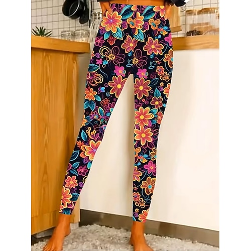 Damen Leggings Gemütliche Leggings Urlaub Lässig Volle Länge Hohe Taille Blumen Drucken Bequem Dehnbar Lässig Täglich Urlaub Marinenblau Schwarz Gelb Fuchsie Sommer Frühling Herbst Normale Passform Image