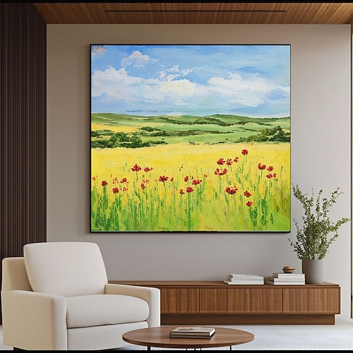 Großes abstraktes Landschaftsgemälde auf Leinwand, originale Wolken- und Feldszene, moderne Naturkunst für die Wohnzimmerdekoration Image