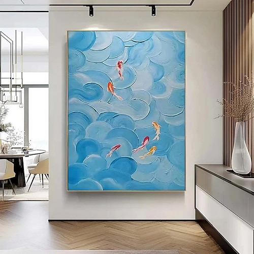 Handgemaltes Ölgemälde auf Leinwand, abstrakte Texturmalerei: Fische spielen im blauen Lotusteich, Dekoration für Wohnzimmer, Eingangsbereich, Zuhause, gerollt, rahmenlos, ungespannt Image
