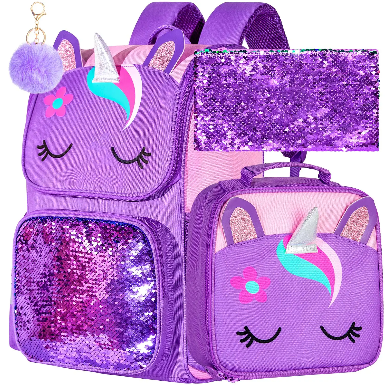 3-teiliger Einhorn-Rucksack, 38,1 cm große Pailletten-Büchertasche für Mädchen mit Lunchbox, lila Kinder-Schultasche für die Grundschule, 2 verkauft