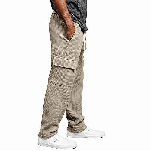 Herren Waffel Cargo-Hosen Cargo-Jogginghose Hose Gerade geschnittene Sweatpants Kordelzug Elastischer Bund Mehrere Taschen Einfach Feuchtigkeitsableitend Atmungsaktiv Volle Länge Lässig Täglich Sport Image