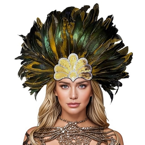 Rio Carnival Samba Accessoires Roter und schwarzer Federkopfschmuck für Frauen - Pailletten Strass Showgirl Kostüm Haarschmuck - Mardi Gras Festival Tanz Accessoire Brasilien Festival Auftritt Kostüm