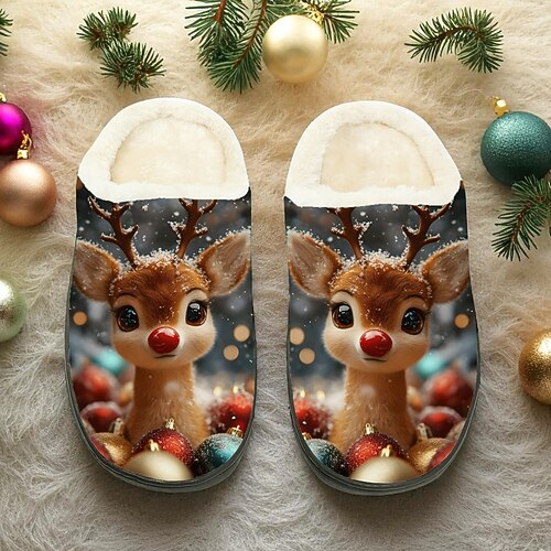 Weihnachtspantoffeln für Damen mit Rentiermotiv – weiche Plüsch-Winterschuhe mit niedlichem Rentier-Design, warme Fleece-Hausschuhe für die Weihnachtszeit und als Geschenk. Image