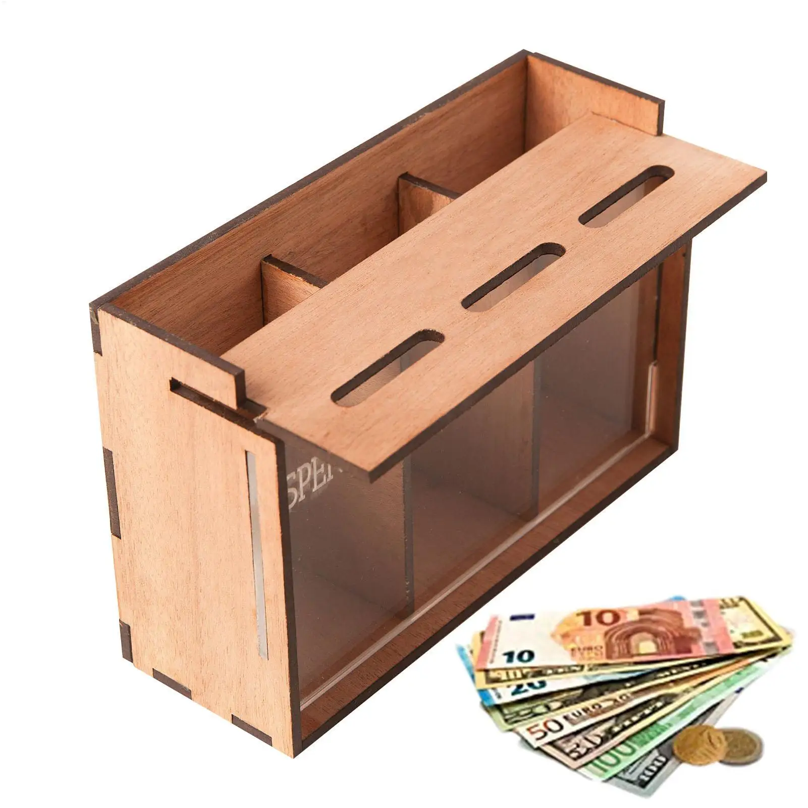 Spardose für Erwachsene, Holz, 3 Fächer, abnehmbarer Münzsparer, Geldaufbewahrung, Organizer für Heimdekoration, Münzbänke Image