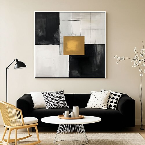Minimalistische, moderne Formen, Gemälde auf Leinwand, große neutrale Töne für die Wanddekoration, ausgefallene Boho-Wanddeko, weiße, schwarze, gelbe Wabi-Sabi-Wandkunst Image