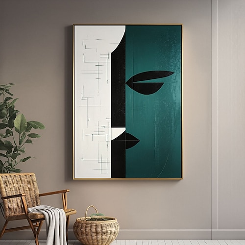 Handgemaltes, abstraktes, geometrisches Gesicht auf Leinwand, großes Wandbild, schwarz Weiß-grüne Strukturmalerei, individuelle Wandgestaltung für das Wohnzimmer Image