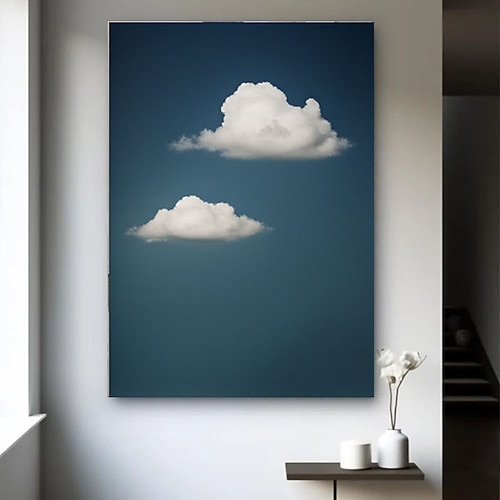 Handgemaltes abstraktes Ölgemälde mit Wolken und Nachthimmel auf Leinwand, originales blau-weißes Leinwandbild, großes Himmelswolkenbild für Wohnzimmer Image