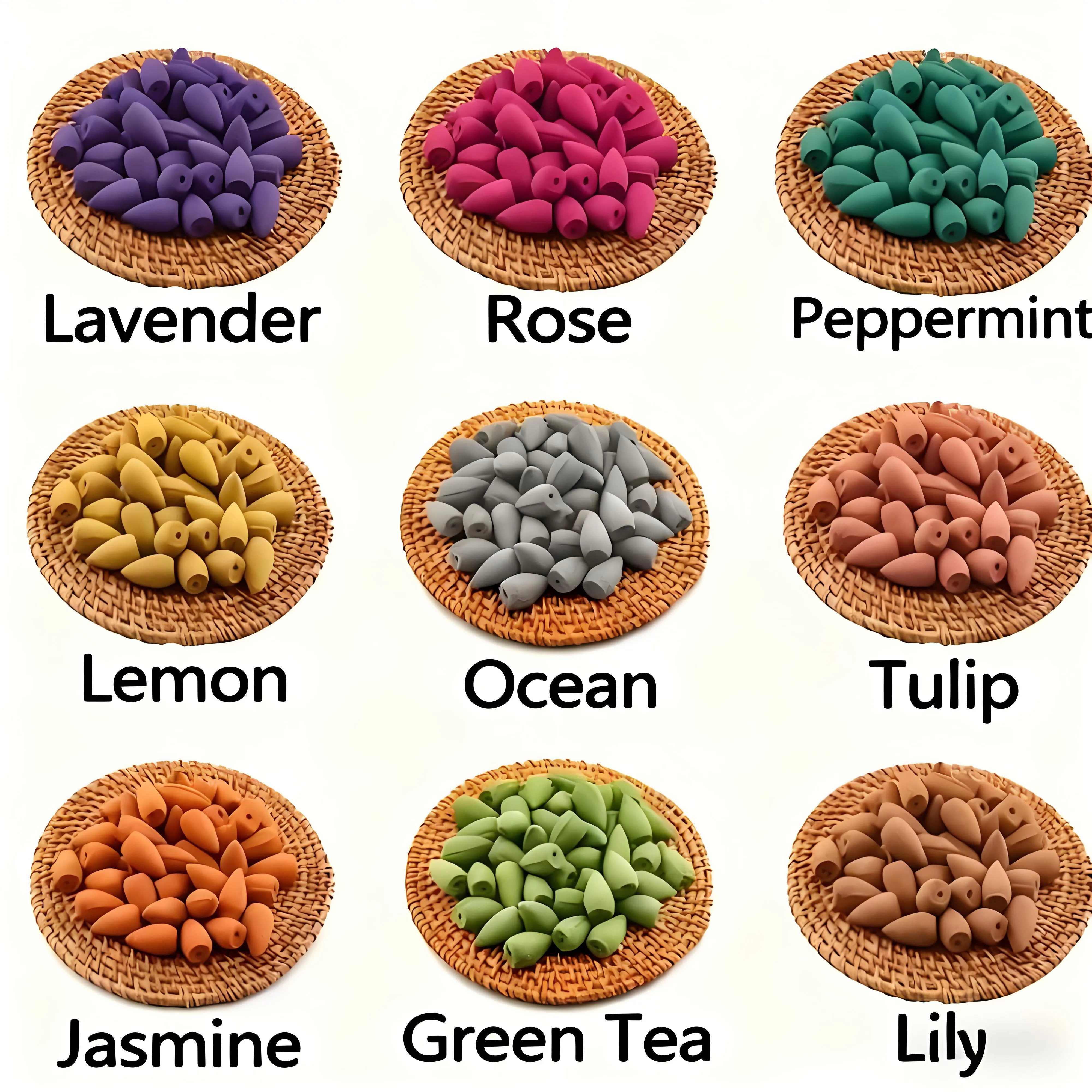 50 Stück natürliche Rückfluss-Räucherkegel – verschiedene Düfte, Lavendel, Sandelholz, Jasmin, Rose usw. für Indoor-Yoga, Outdoor-Camping, perfekt für Wasserfall-Räuchergefäße, für die Hausreinigung, Image