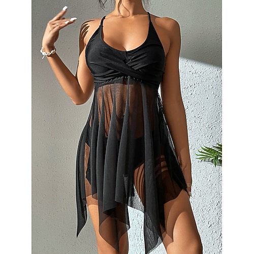 Damen Tankini 2-teiliges Badeanzug Sexy Cutout Unterdraht Cheeky Bauch Kontrolle Hohe Taille Slim Rückenfrei Urlaub Strandbekleidung Einfarbiger Halter-Ausschnitt Ärmellos Badeanzüge Image