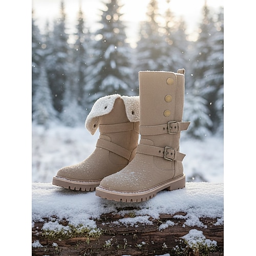 Beige Wildleder-Schneestiefel für Damen, mittelhoch, mit Schnallenriemen – warme, mit Sherpa-Fleece gefütterte Winterstiefel für Outdoor-Aktivitäten im Schnee und auf Reisen Image