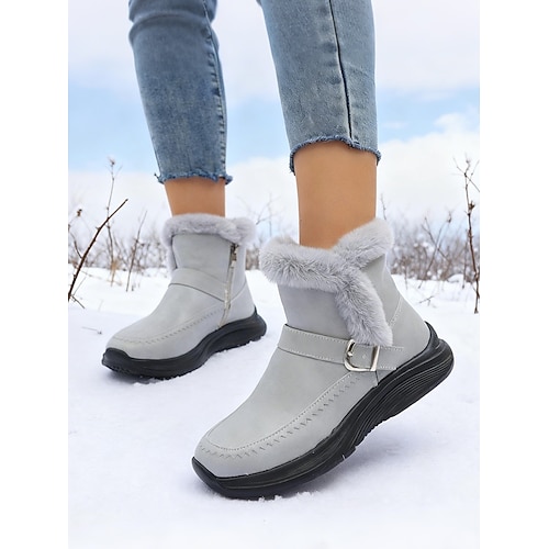 Braune Damen-Ankle-Boots mit Kunstpelzbesatz und Schnallenriemen – warme, kurze Winterstiefeletten mit seitlichem Reißverschluss für den Alltag und zum Pendeln Image