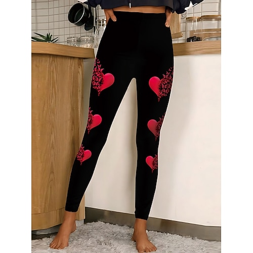 Damen Leggings Gemütliche Leggings Urlaub Lässig Volle Länge Hohe TaillePantsValentinstag Herz Blumen Grafik Drucken Bequem Dehnbar Lässig Täglich Urlaub Schwarz Rote Sommer Frühling Herbst Schmale Image