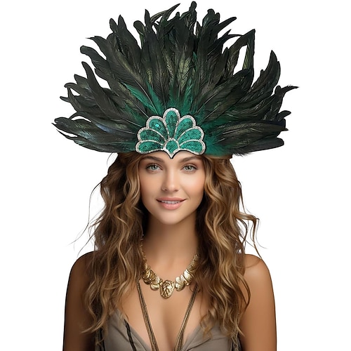 Karneval 2026 Rio Karneval Samba Accessoires Pfauen Blau-Grüne Federkopfbedeckung für Damen - Pailletten Schau-Mädchen Karneval Kostümkopfteil - Mardi Gras Zubehör Brasilien Festival