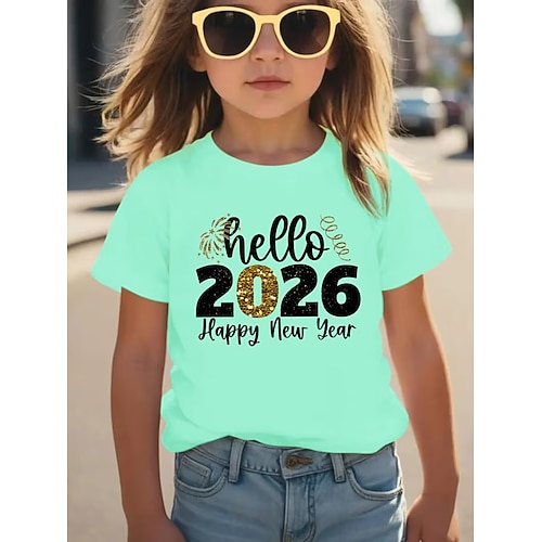 Mädchen-T-Shirt mit 3D-Grafik und Buchstabenaufdruck für die Silvesterparty 2026, Kurzarm, Sommer/Frühling, Sportmode, Streetwear, Kindergröße 4-12 Jahre, Rundhalsausschnitt, normale Passform, Image