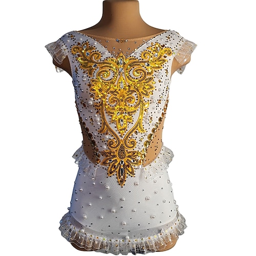 Rhythmische Sportgymnastik-Trikot, Damen- und Mädchen-Eiskunstlauf-Trikot, gefärbt, hochelastisch, professionelle Wettkampf-Eiskunstlaufbekleidung, Kristall-/Strassbesatz, ärmellos Image