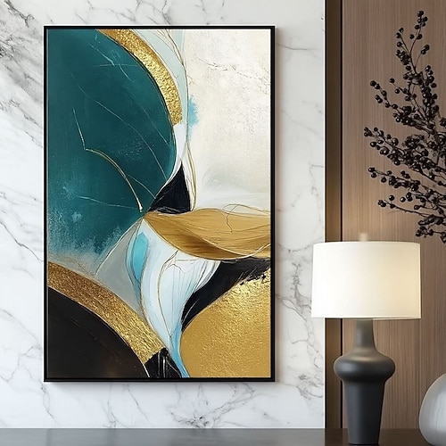 Handgemaltes Ölgemälde mit Goldfolie, modern, in Gold, Blau, Grün und Schwarz, auf Leinwand, handgemalte Wandkunst, 100 % handgemalt, strukturierte Malerei, abstraktes Ölgemälde, Acrylmalerei, Image
