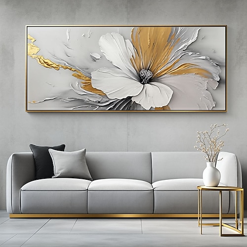 Großes, handgemaltes Ölgemälde mit weißen, abstrakten Blumen, stark strukturierte Ölmalerei auf Leinwand, 3D-Blumenstruktur, florale Wanddekoration für das Wohnzimmer Image