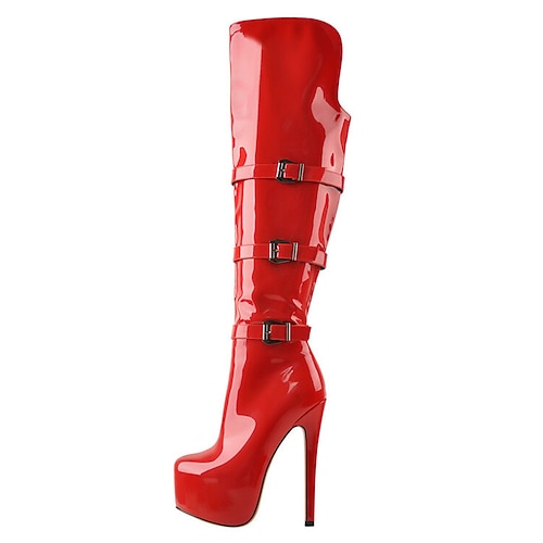 Rote Lack-Overknee-Plateaustiefel für Damen – ultrahohe Stiletto-Absätze mit Schnallenriemen, perfekt für Partys am Abend Clubkleidung Image