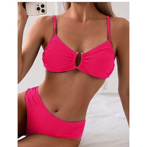 Damen Bikini 2-teiliges Badeanzug Rüschen Unterdraht Frech Bauchkontrolle Hohe Taille Schlank Rückenfrei Urlaub Strandbekleidung Einfarbiger V-Ausschnitt ärmellose Badeanzüge Image