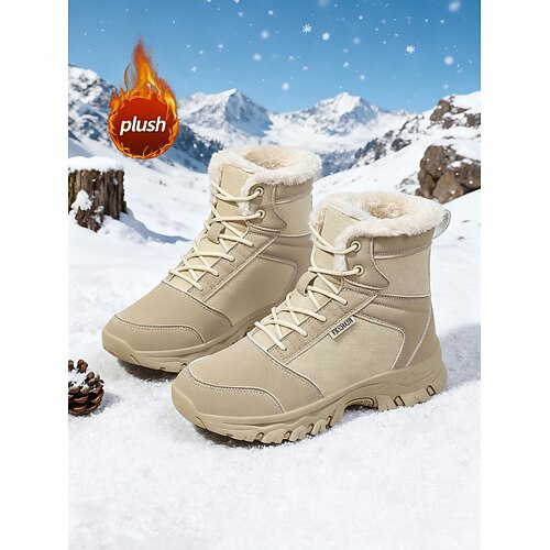 Khakifarbene Damen-Winterwanderschuhe mit weichem Fleecefutter – rutschfeste Schnür-Schneeschuhe für Trekking, Spaziergänge und extreme Kälte Image
