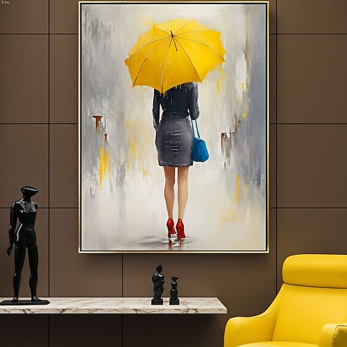 Mädchenzimmer-Leinwandbild: Frau mit gelbem Regenschirm, Wandbehang, modernes 3D-Wandbild mit gelbem Regenschirm Image