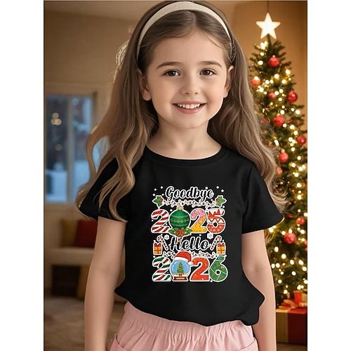Baumwoll-T-Shirt für Kinder und Mädchen, Weihnachten, Silvester 2026, Party, schwarz-weiß, Grafik, Zahlen, Rundhalsausschnitt, Kurzarm, Urlaub, Sport Outdoor-Alltagskleidung, Streetwear, Image