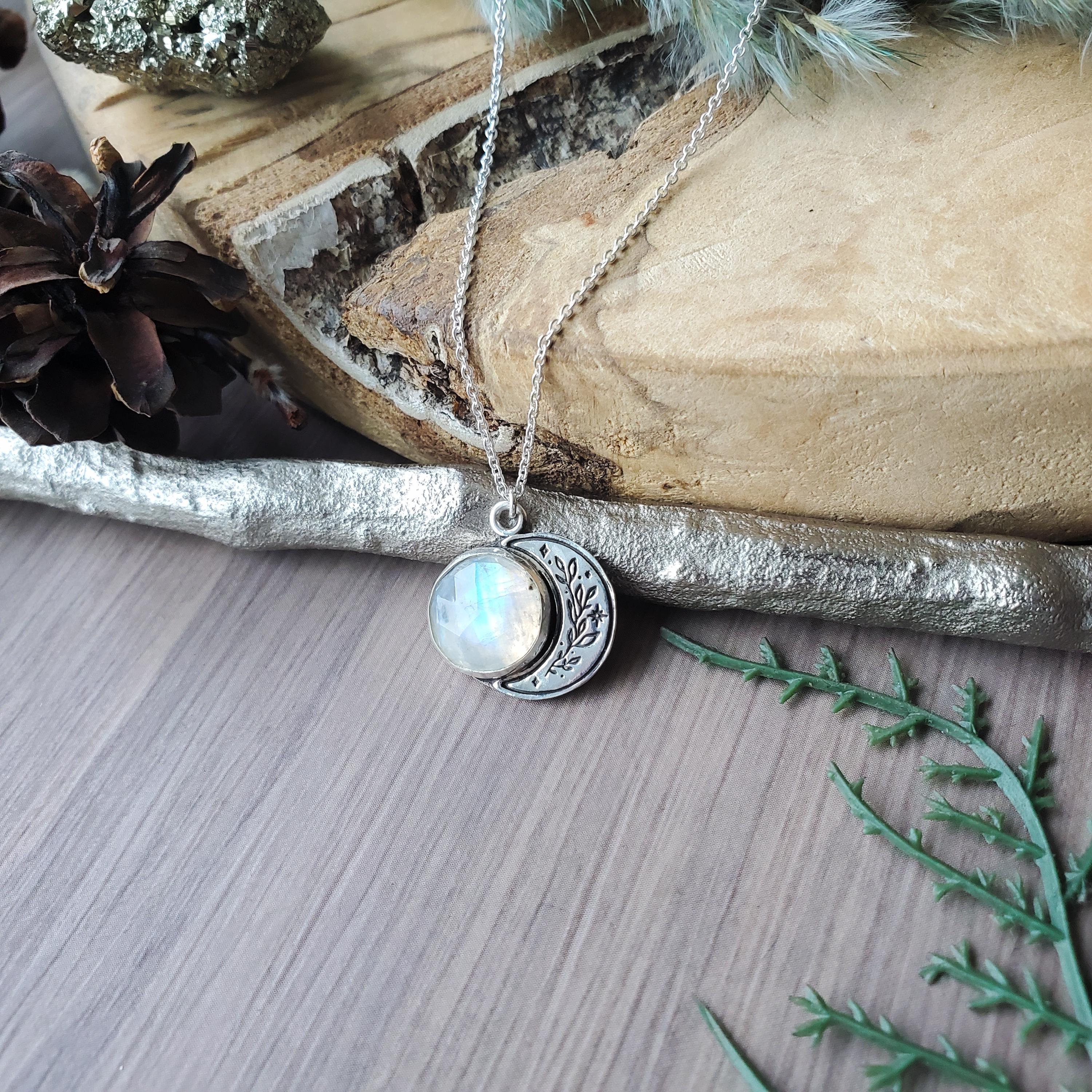 Collana con luna floreale, pietra di luna, argento sterling, luna crescente, luna crescente, gioielli lunari, timbrato, luna del raccolto, luna in arg