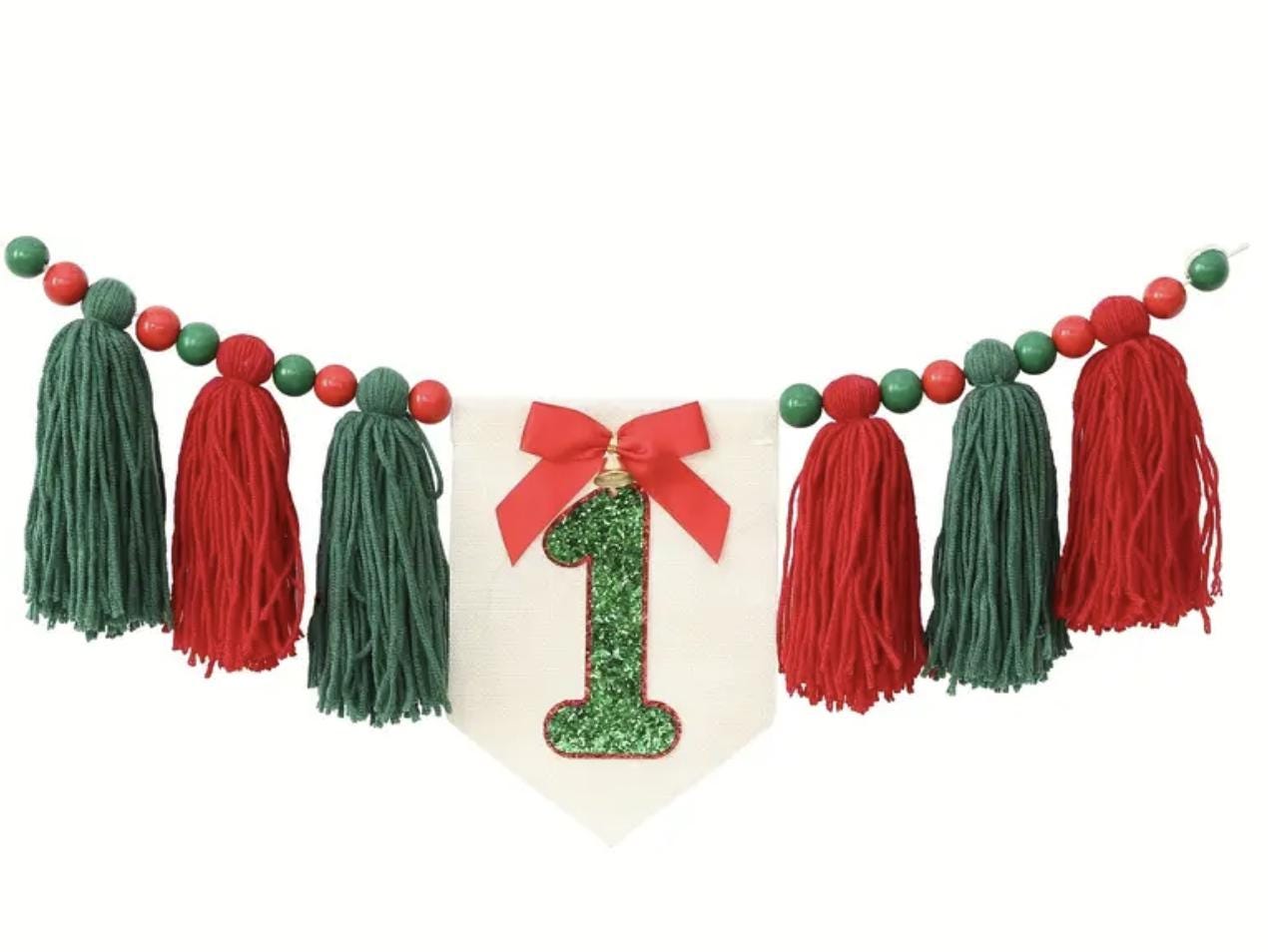 Striscione natalizio con nappa per seggiolone, 1o compleanno, sfondo per compleanno, uno striscione, compleanno di Natale, ghirlanda con nappe di fila