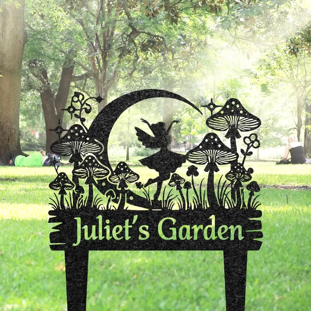 Piquet de jardin féerique personnalisé, panneau de cour de champignon féerique en métal personnalisé, cadeau de jardinage, art en métal de jardin, décor de jardin de cour
