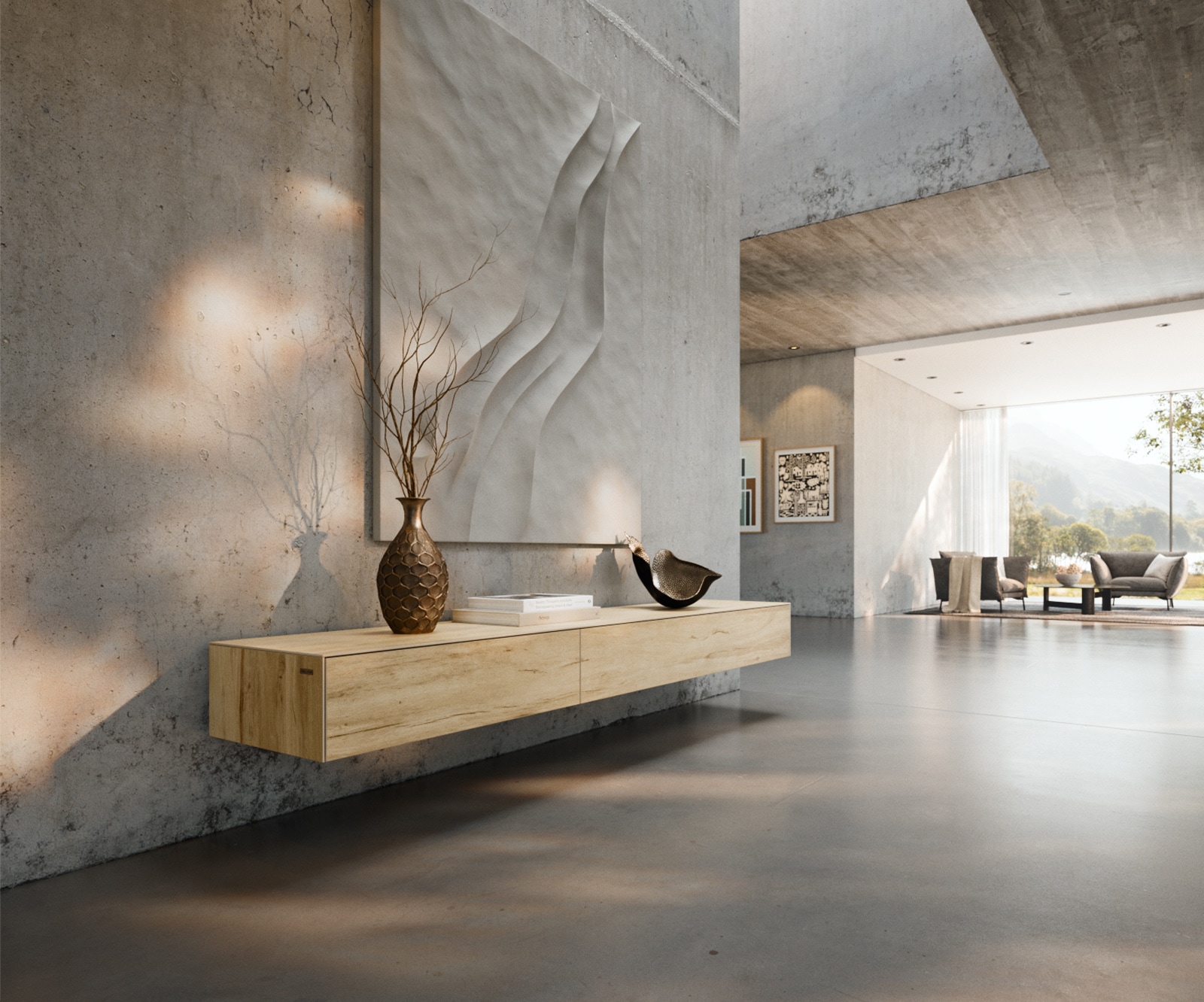 DELIFE Lowboard Cuor 200 cm Keramik Laminam® Sabbia Eichefarbig 1 Klappe 1 Schubfach Schwebend, Lowboards Image